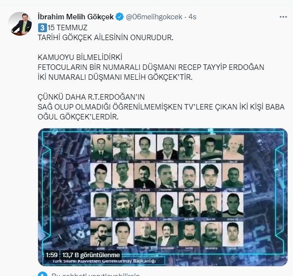 Melih Gökçek'ten 15 Temmuz paylaşımı!